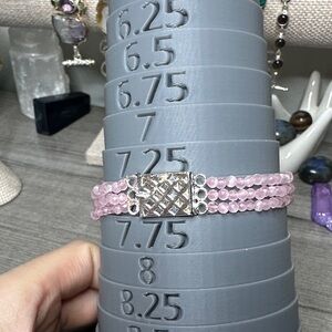 Delicate Rose Quartz Beaded Triple-Row Bracelet with Sterling Silver Clasp